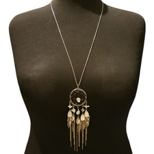 Wind Chimes Feather Pendant Necklace Long Silver Tone Chain Boho Chic Statement