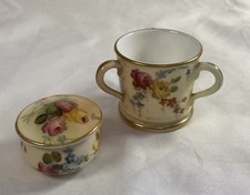 Antique small 3 handled Royal Worcester Blush Ivory cup & patch box miniature’s 