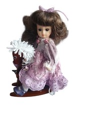 Porcelain Doll On Wooden Rocking Horse Brown Hair  Purple Lace/Velvet Dress 8.5"