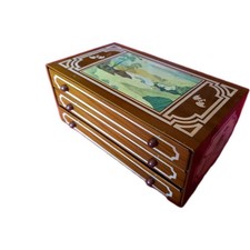 CHARMING TINPLATE 1950s SEWING BOX DRAWERS & CONTENTS