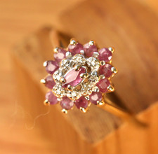 9ct Solid Yellow Gold Ruby and Diamond Cocktail Ring Size P1/2 Vintage cleaned