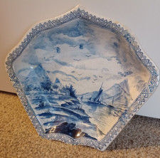 Vintage blue and white deep dish with lakes and mountain scene