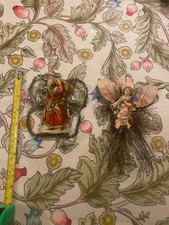 Pair Victorian antique Christmas scrap tinsel decorations ornaments Santa 2