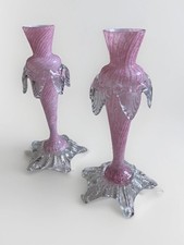 Antique Murano Art Glass Bud Vases Pair Venetian Pink X2