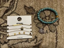 five bracelets gold blue shell crystal heart pendant job lot gift set turquoise