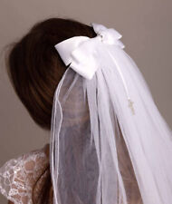 Girls Two Tier Veil First Holy Communion Pearl Diamanté Flowers Bow Satin White