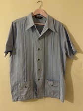 VINTAGE 1970S PROVA BHS BLUE OPEN NECK COTTON GUAYABERA BOWLING SHIRT XL