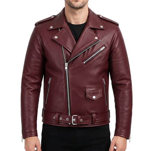 Mens maroon leather biker - mens,