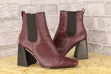 BURGUNDY LEATHER SQUARE TOE BLOCK HEEL PULL ON ANKLE BOOTS SIZE 4 / 37 TOPSHOP