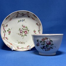 New Hall Tea Bowl &  Saucer with Hand Painted Floral Swag c.1820
