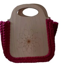 Handmade Etched Wood And Pink Crochet Bohemian Style Handbag