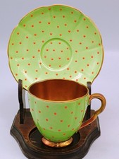 Vtg Carlton Ware Green w/ Salmon Polka Dots Gold Gilded Demitasse Cup & Saucer *