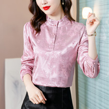Lady Jacquard Satin Shirt Ruffle Stand Collar Faux Silk Tops Blouse Office Shiny