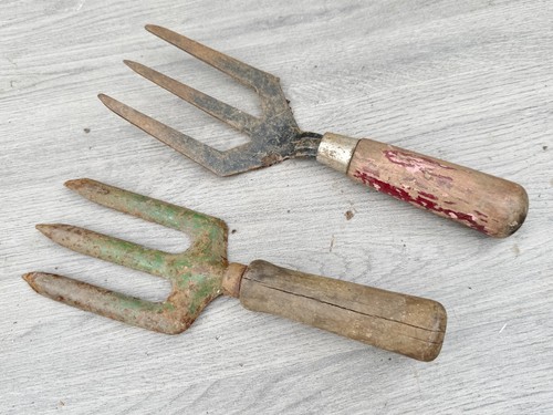 Vintage hand fork tools - hand, wooden