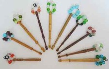 Antique Lace Bobbins Victorian Turned Wood Glass Beaded Spangles Vintage x10 #28