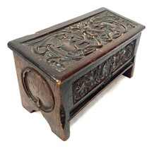 Antique Victorian Carved Green Man Oak Wooden Trinket Box / Tabletop Storage