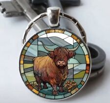 Gorgeous Highland Cow Round Silver Metal Keyring Bag Charm KeyChain Gift