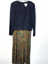 Vintage Julian Taylor Dress Womens 14 Black Paisley Maxi Sleeve Boho 80s Glam