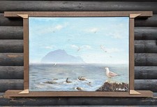 SEAGULLS PUFFINS SEASCAPE UNUSUAL FRAME ORIGINAL OIL PAINTING VINTAGE 