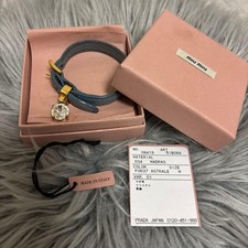 Miu Miu Madras Leather Bracelet Light Blue Clear Crystal Charm with Box 