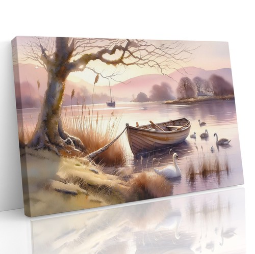 Scenic lake boats - lake, swans