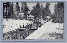 TUOLUMNE COUNTY SNOW SCENE Long Barn CALIFORNIA Classic Car Alert CA postcard D3