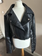 BN Ladies PLT Black Faux Leather Super Cropped Belted Biker Jacket size 16