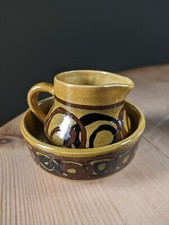 Vintage Brixham Pottery Milk Creamer Jug & Sugar Bowl Set Mustard Yellow Brown