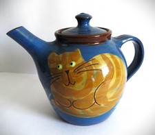 Blue Studio Pottery Teapot Terracotta Ginger Cat Design Country Farmhouse Style