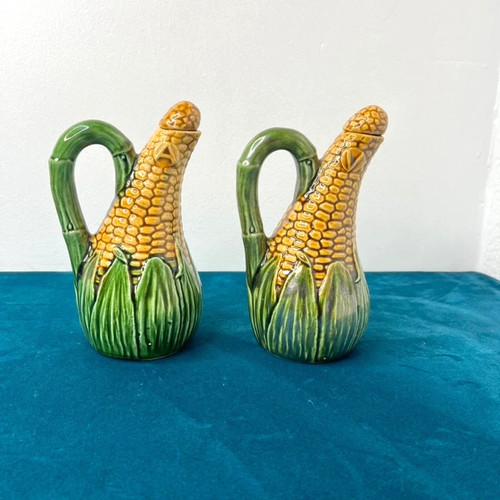 Majolica corn cruet set oil - corn,