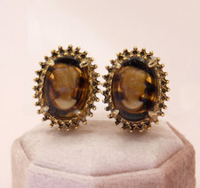 Vintage Florenza Gold Brown Intaglio Cameo Glass Victorian Revival Earrings