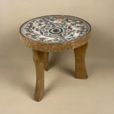 Antique African Handmade Round Stool Wood Vintage Patterned Beaded Top Table.