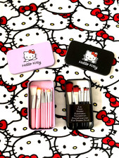 HELLO KITTY 7 PCS MAKE UP BRUSH TIN SET  BLACK OR LILAC BIRTHDAY CHRISTMAS GIFT