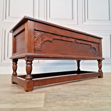 Antique Wooden Carved Blanket Box Mule Chest Trunk Table On Turned Stand - Oak