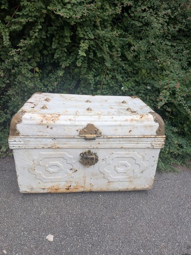 Vintage metal steamer trunk - vintage,