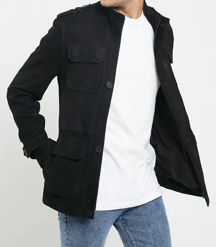 Men black suede leather coat - men's,
