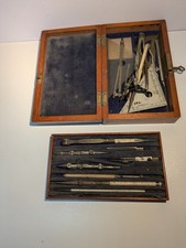 Antique Drawing Instruments In Mahogany Case, Lock And Key