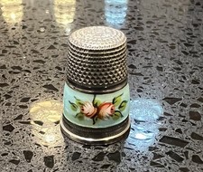 Sterling Silver 935 & Guilloche Enamel Thimble Roses c1900