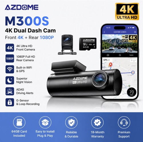 Azdome m300s dash cam - 4k, dual