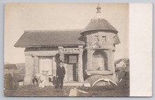 RPPC Folk Art House, Unusual Turret Building & Man, Outsider Art, AZO c.1910