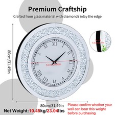 60/80cm Round Mirror Clock Crushed Sparkling Crystal Diamond Mirrored Wall Clock