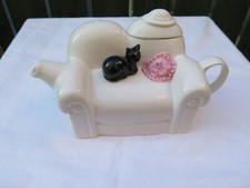 Unusual White Sofa Teapot with Cat, Good condition and looks unused