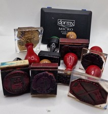 Vintage Antique Wood Handled Rubber Ink Stamp Bundle With Ink Pad.