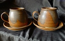 Skegness Studio Pottery Brown abstract pattern cups and saucers X 2