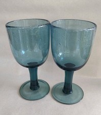 Pair Of Grey  Bubble Glass Goblets Hand Blown 6.25" Tall