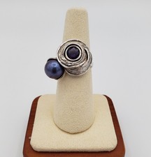Vintage Hagit Gorali Israel 925 Sterling Tahitian Pearl Amethyst Modernist Ring