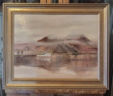 Oil Painting White Suport Survey Ship Loch Mist Atmospheric Coastal Scene 48x38