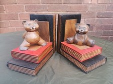 Vintage Teddy Bear Bookends Wood Handmade Hand Painted Carved Wooden Books Rare