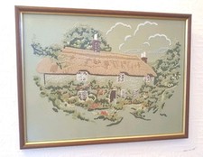 Vintage Framed Embroidery Tapestry Needlework Woolwork Picture Country Cottage  