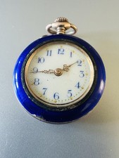 Vintage 800 Silver Enamel&Seed Pearl Hand wind Women Blue Fob Watch-NOT WORKING 